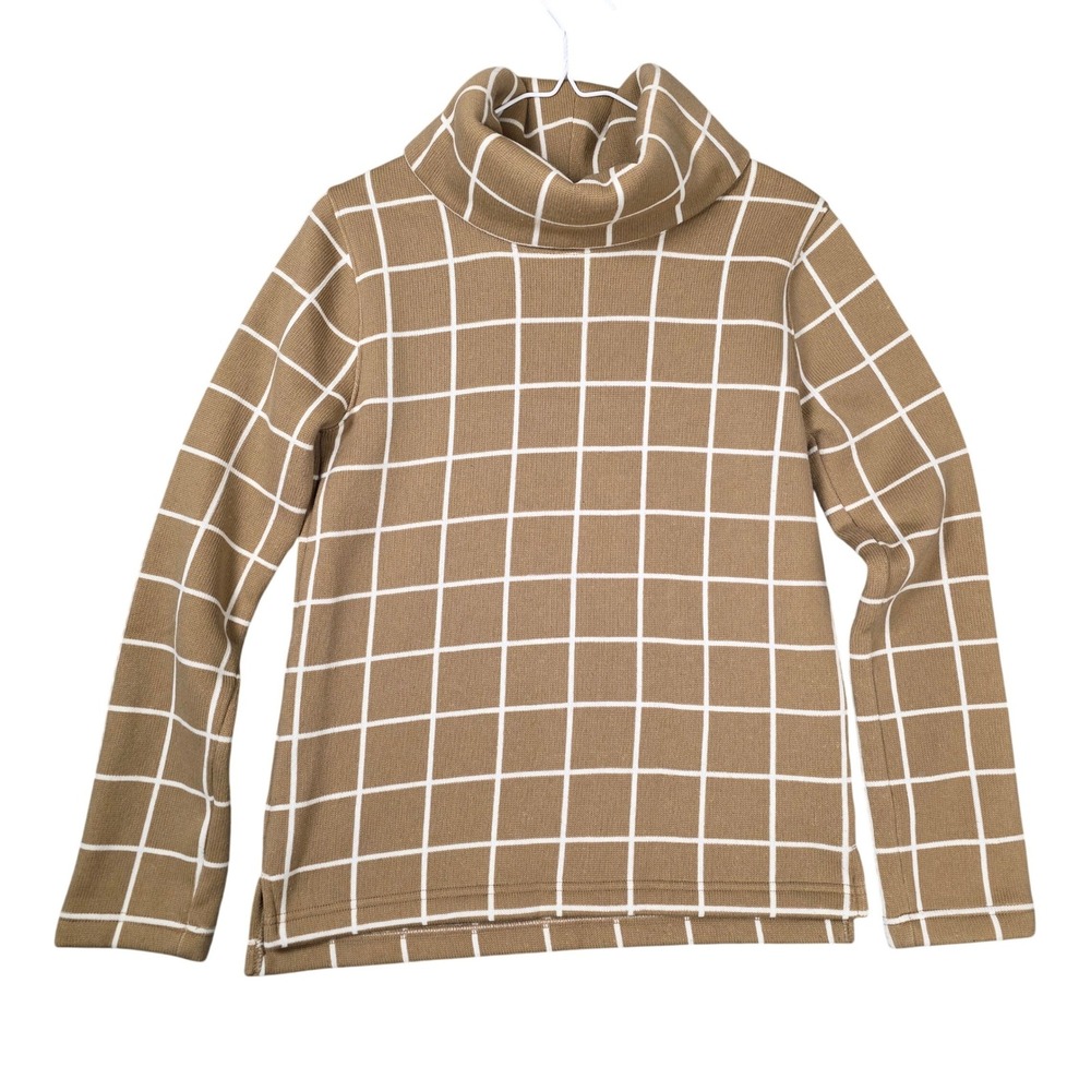 J. Crew‎ Windowpane Plaid Funnel neck Fleece Lined Sweater Camel Size S